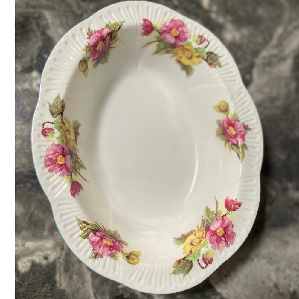 Vintage Shelley Begonia Bone China Oval Bowl White Pink Yellow Made in England